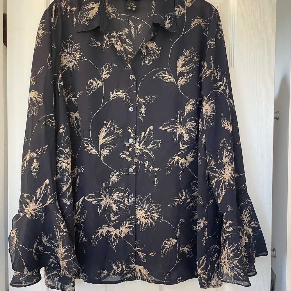 Lane Bryant sheer Navy Patterned Blouse